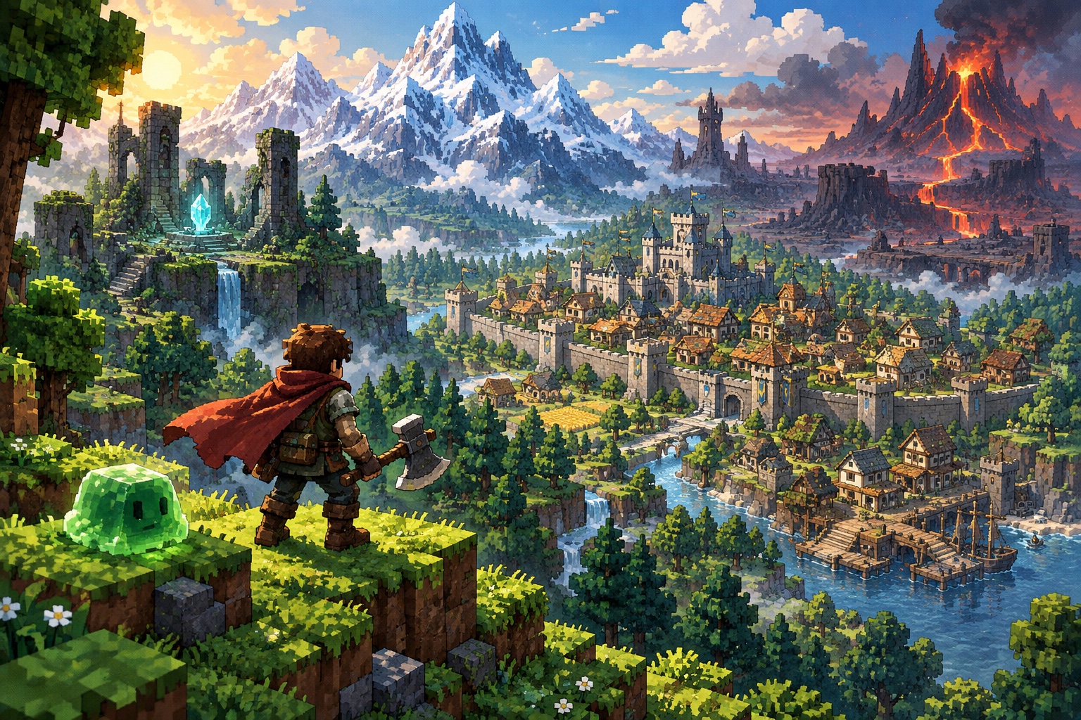 Cover illustration of an axe-wielding explorer looking across a voxel wilderness toward a walled town and mountain fortress.